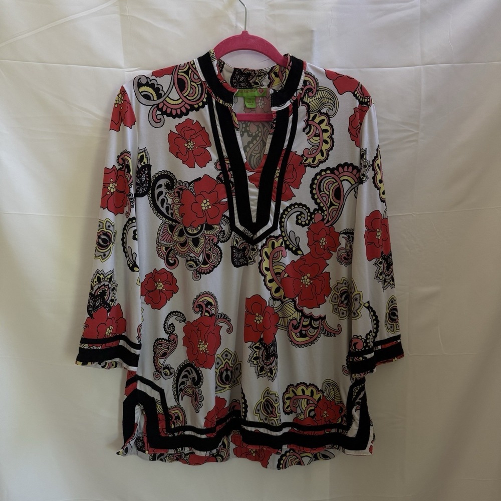 Island Republic Blouse Size XL Tunic Tropical Floral Velvet Trim Long Sleeve Top